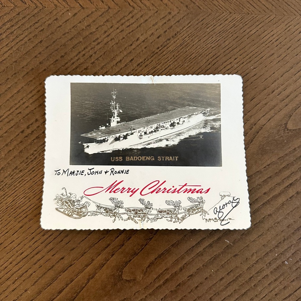 Vintage USS Badoeng Strait CVE-116 Navy Aircraft Carrier Christmas Card Signed